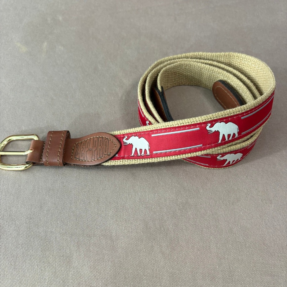 Zep-Pro Belt Mens 46 Red Elephant Canvas Leather Trim Made in USA Brass Buckle